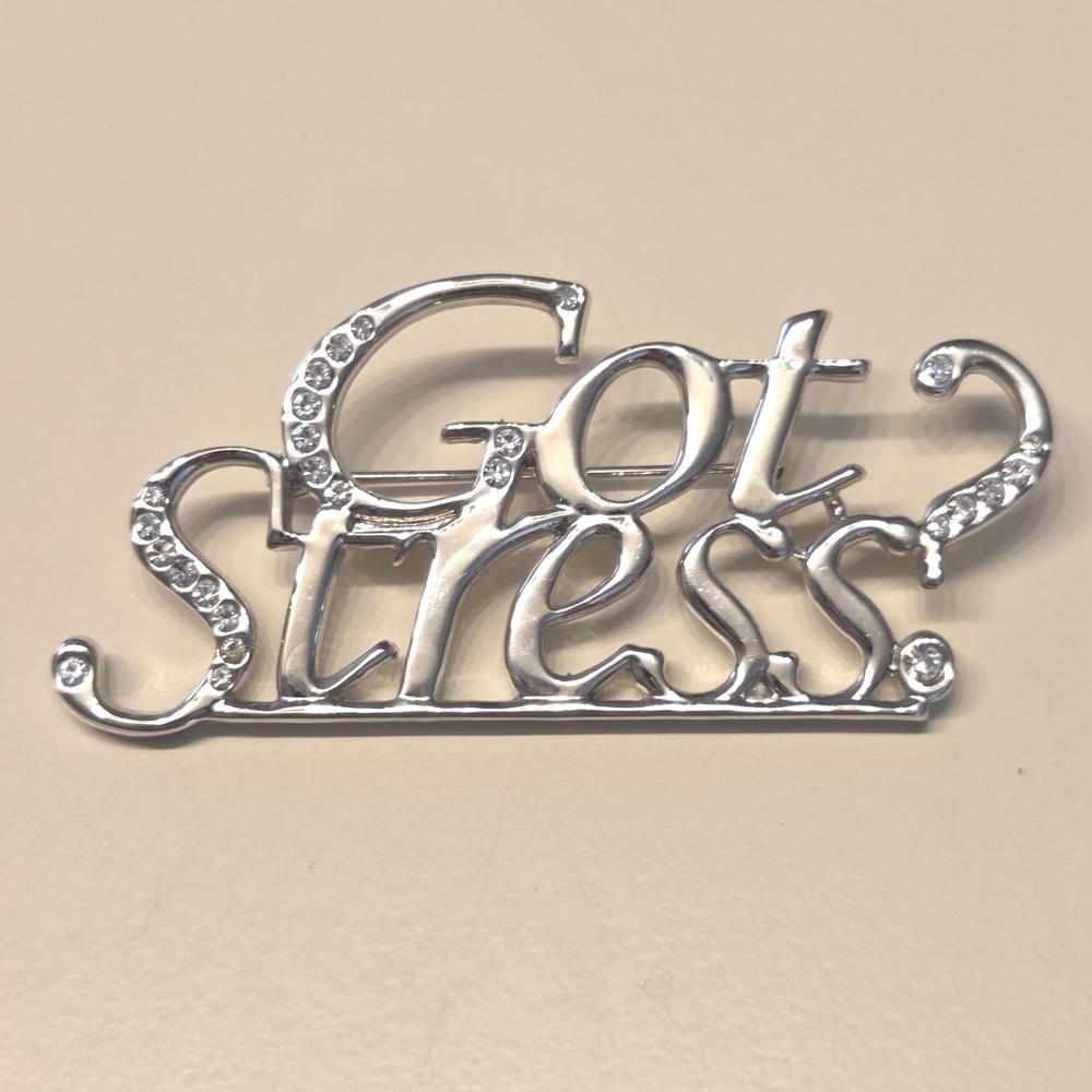 Got‎ Stress? Rhinestone Brooch Pin Silver Tone Novelty Jewelry Retro Statement